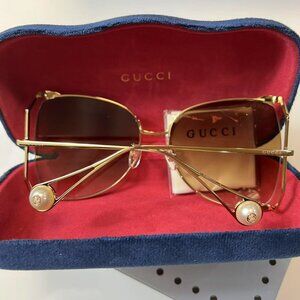 Gucci GG0252S Gold Square Sunglasses · 63mm Oversized · Brown Lenses